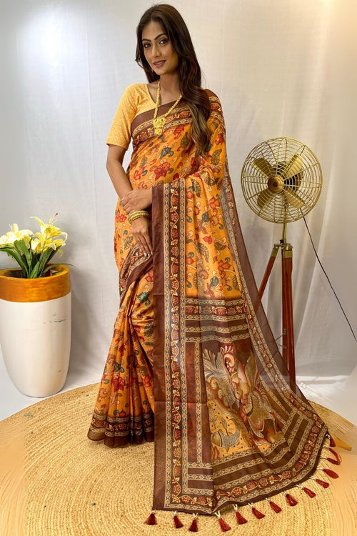 Load image into Gallery viewer, Magnetic Mustard Kalamkari Printed Saree With Snappy Blouse Piece
