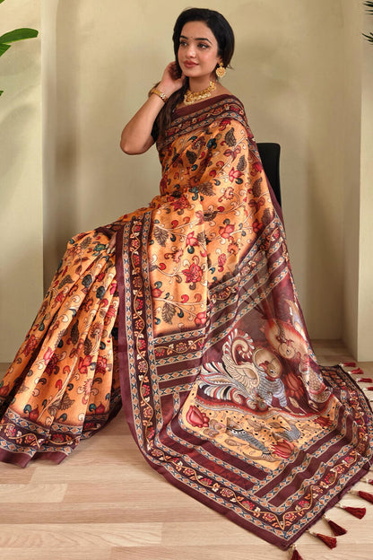 Magnetic Mustard Kalamkari Printed Saree With Snappy Blouse Piece
