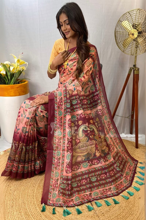 Load image into Gallery viewer, Exquisite Pink Kalamkari Printed Saree With Resonant Blouse Piece
