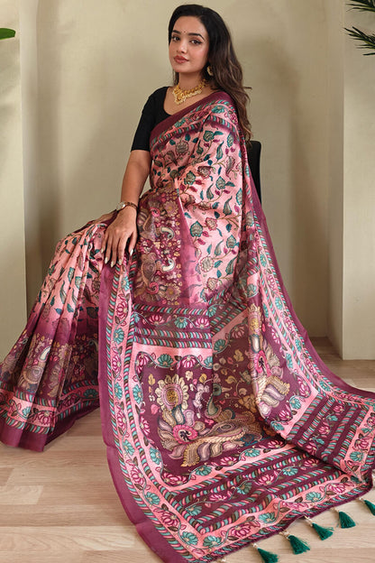 Exquisite Pink Kalamkari Printed Saree With Resonant Blouse Piece