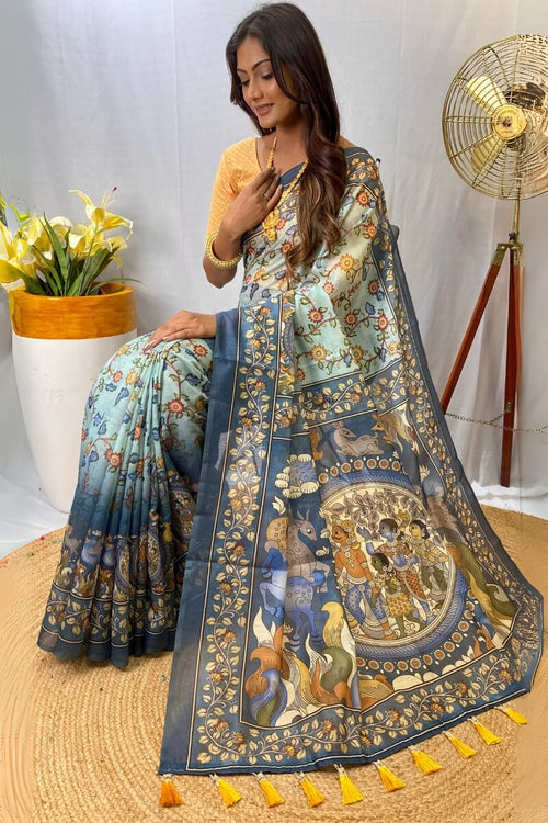 Load image into Gallery viewer, Glamorous Sky Kalamkari Printed Saree With Dulcet Blouse Piece
