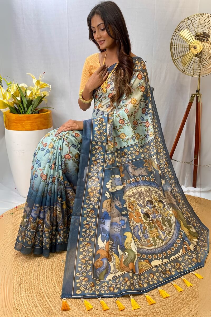 Glamorous Sky Kalamkari Printed Saree With Dulcet Blouse Piece