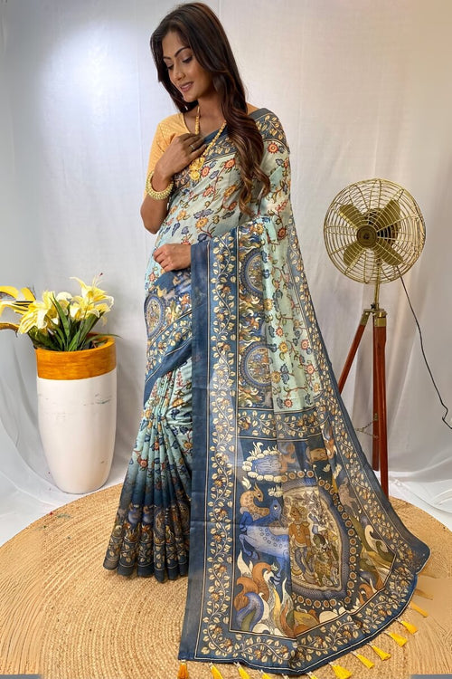 Load image into Gallery viewer, Glamorous Sky Kalamkari Printed Saree With Dulcet Blouse Piece
