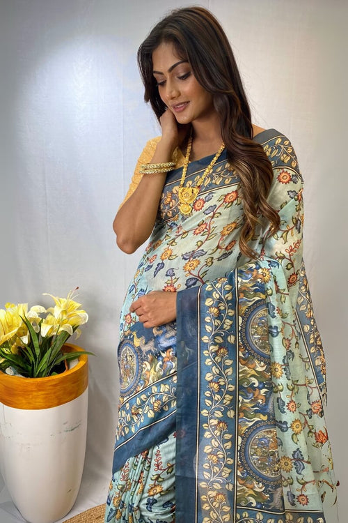 Load image into Gallery viewer, Glamorous Sky Kalamkari Printed Saree With Dulcet Blouse Piece
