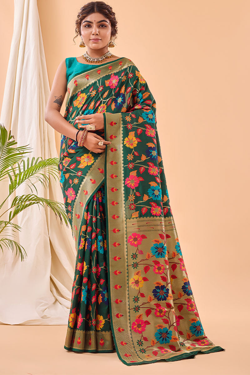 Murmurous Dark Green Paithani Silk Saree With Ephemeral Blouse Piece