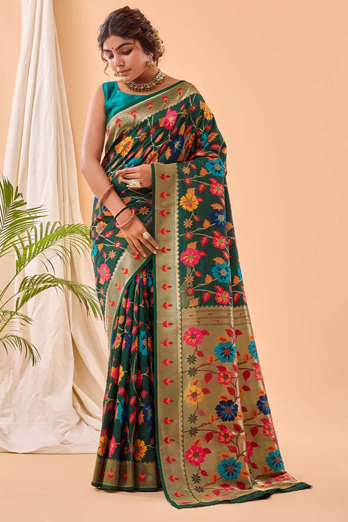 Load image into Gallery viewer, Murmurous Dark Green Paithani Silk Saree With Ephemeral Blouse Piece
