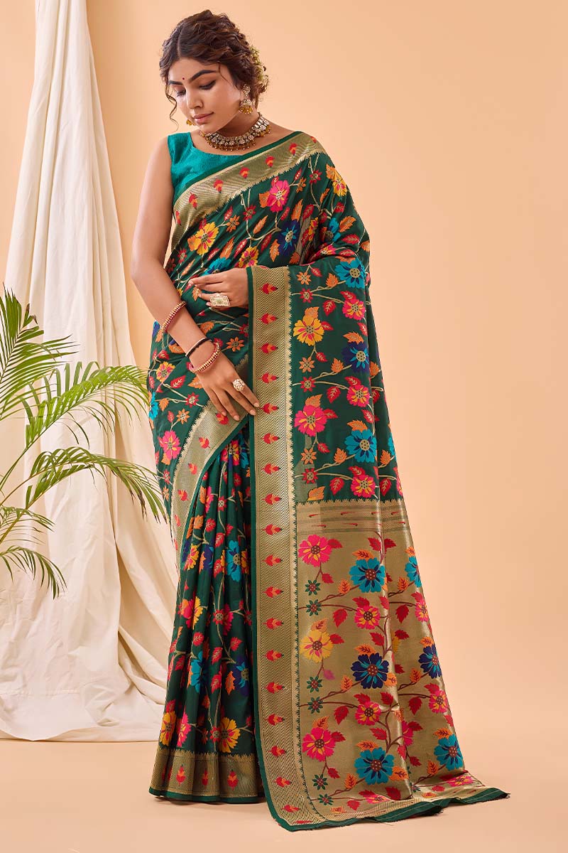 Murmurous Dark Green Paithani Silk Saree With Ephemeral Blouse Piece