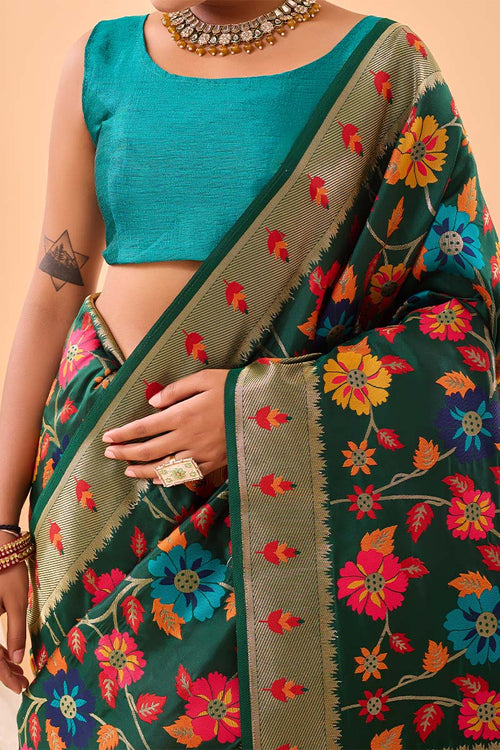 Load image into Gallery viewer, Murmurous Dark Green Paithani Silk Saree With Ephemeral Blouse Piece
