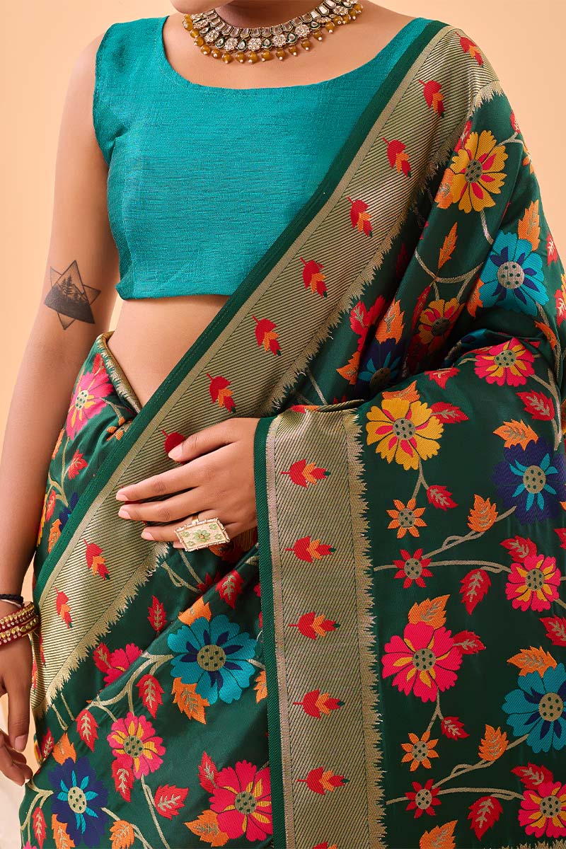 Murmurous Dark Green Paithani Silk Saree With Ephemeral Blouse Piece