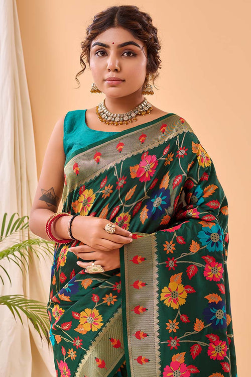 Load image into Gallery viewer, Murmurous Dark Green Paithani Silk Saree With Ephemeral Blouse Piece
