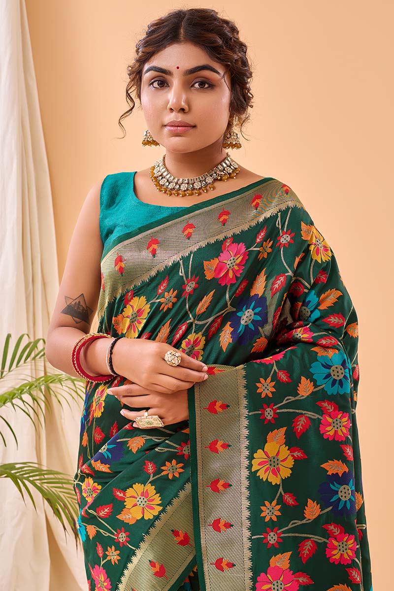 Murmurous Dark Green Paithani Silk Saree With Ephemeral Blouse Piece