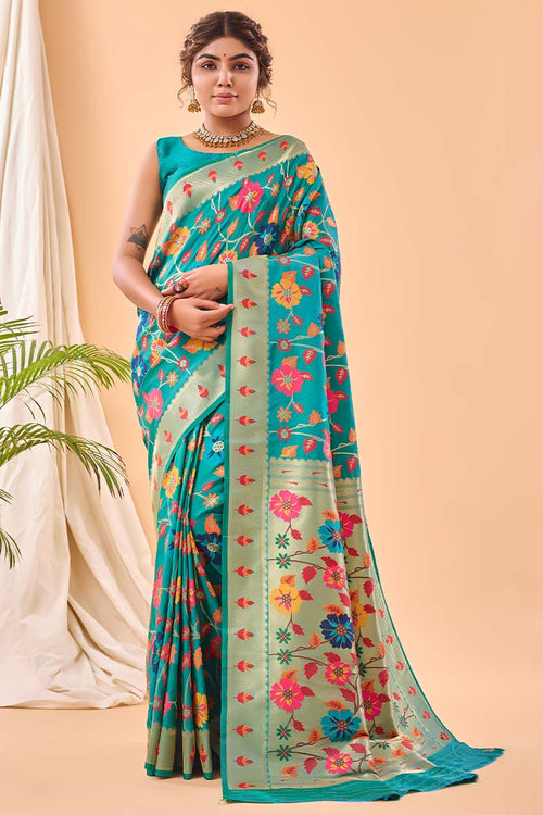 Load image into Gallery viewer, Desirable Firozi Paithani Silk Saree With Prominent Blouse Piece
