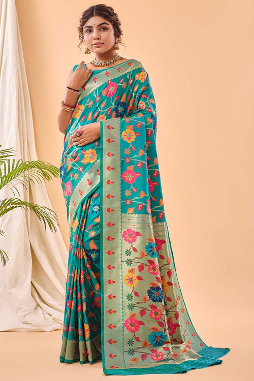 Load image into Gallery viewer, Desirable Firozi Paithani Silk Saree With Prominent Blouse Piece
