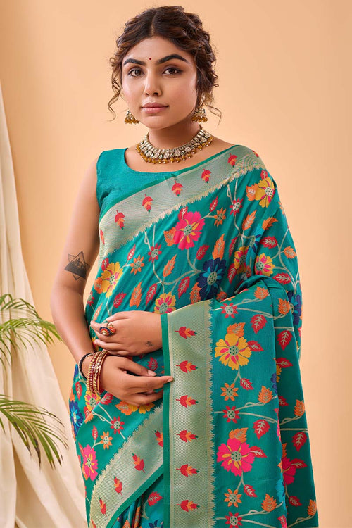 Load image into Gallery viewer, Desirable Firozi Paithani Silk Saree With Prominent Blouse Piece
