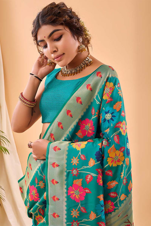 Load image into Gallery viewer, Desirable Firozi Paithani Silk Saree With Prominent Blouse Piece
