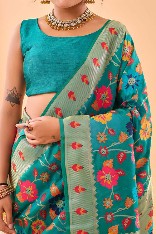 Load image into Gallery viewer, Desirable Firozi Paithani Silk Saree With Prominent Blouse Piece
