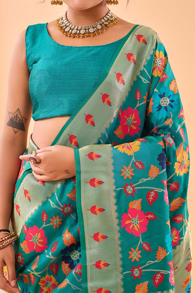 Desirable Firozi Paithani Silk Saree With Prominent Blouse Piece