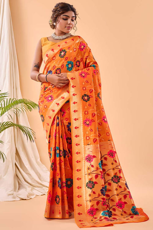 Load image into Gallery viewer, Angelic Orange Paithani Silk Saree With Desuetude Blouse Piece
