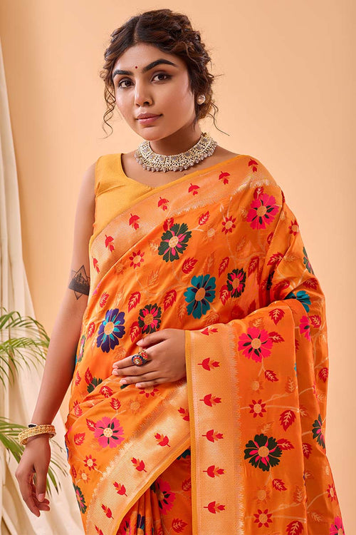 Load image into Gallery viewer, Angelic Orange Paithani Silk Saree With Desuetude Blouse Piece
