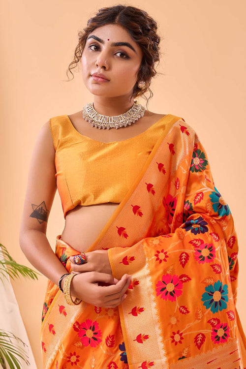 Load image into Gallery viewer, Angelic Orange Paithani Silk Saree With Desuetude Blouse Piece
