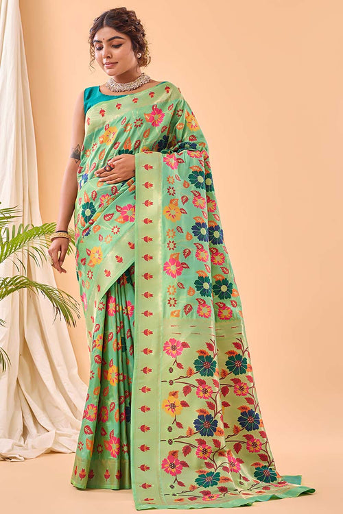 Load image into Gallery viewer, Redolent Pista Paithani Silk Saree With Gratifying Blouse Piece
