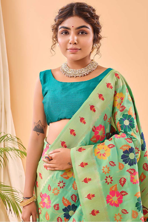 Load image into Gallery viewer, Redolent Pista Paithani Silk Saree With Gratifying Blouse Piece
