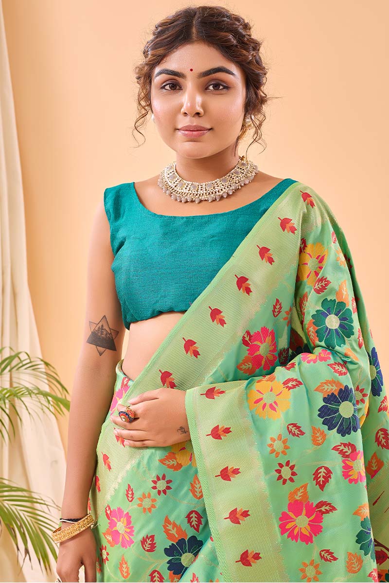 Redolent Pista Paithani Silk Saree With Gratifying Blouse Piece