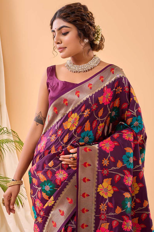 Load image into Gallery viewer, Improbable Purple Paithani Silk Saree With Proficient Blouse Piece
