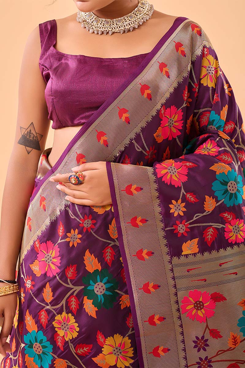 Improbable Purple Paithani Silk Saree With Proficient Blouse Piece