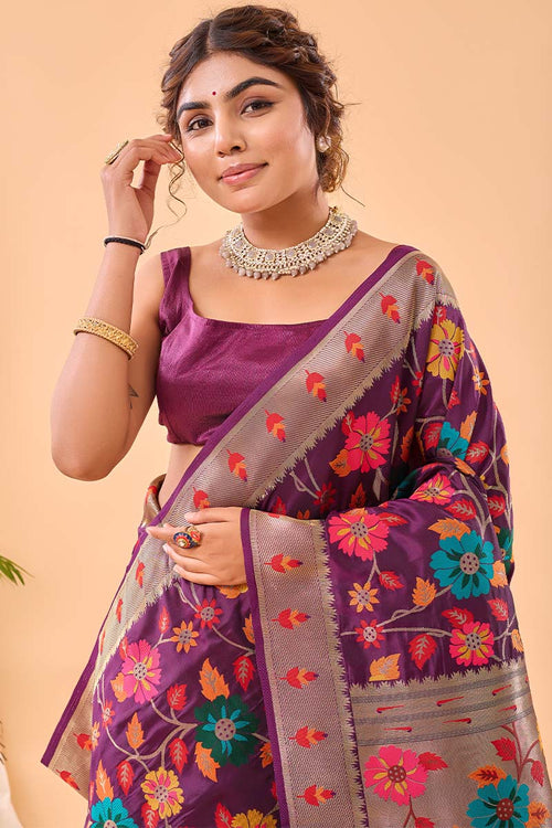 Load image into Gallery viewer, Improbable Purple Paithani Silk Saree With Proficient Blouse Piece
