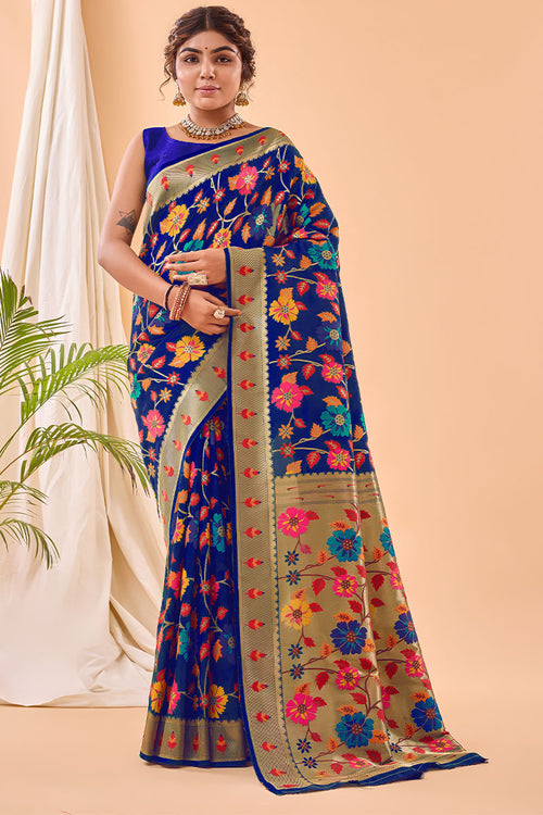 Load image into Gallery viewer, Fragrant Royal Blue Paithani Silk Saree With Smashing Blouse Piece
