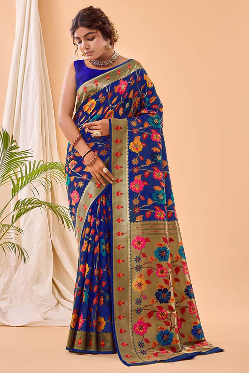 Load image into Gallery viewer, Fragrant Royal Blue Paithani Silk Saree With Smashing Blouse Piece
