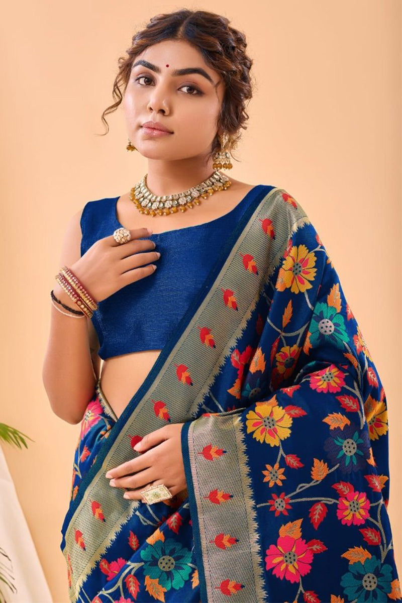 Fragrant Royal Blue Paithani Silk Saree With Smashing Blouse Piece