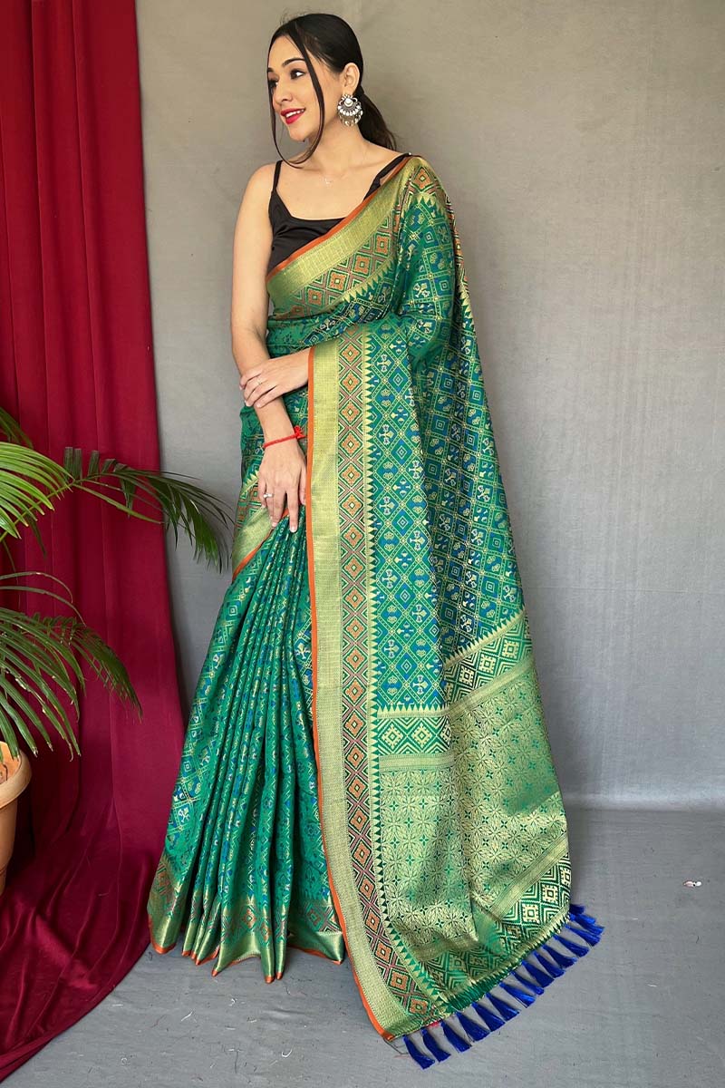 Lagniappe Green Patola Silk Saree with Petrichor Blouse Piece