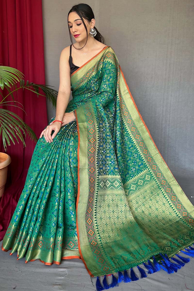 Lagniappe Green Patola Silk Saree with Petrichor Blouse Piece