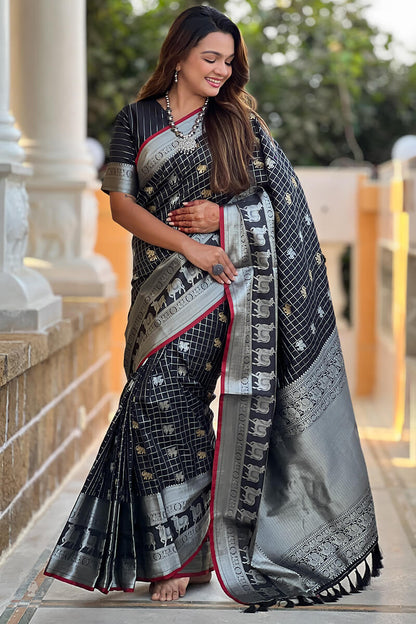 Unique Black Soft Banarasi Silk Saree With Amazing Blouse Piece