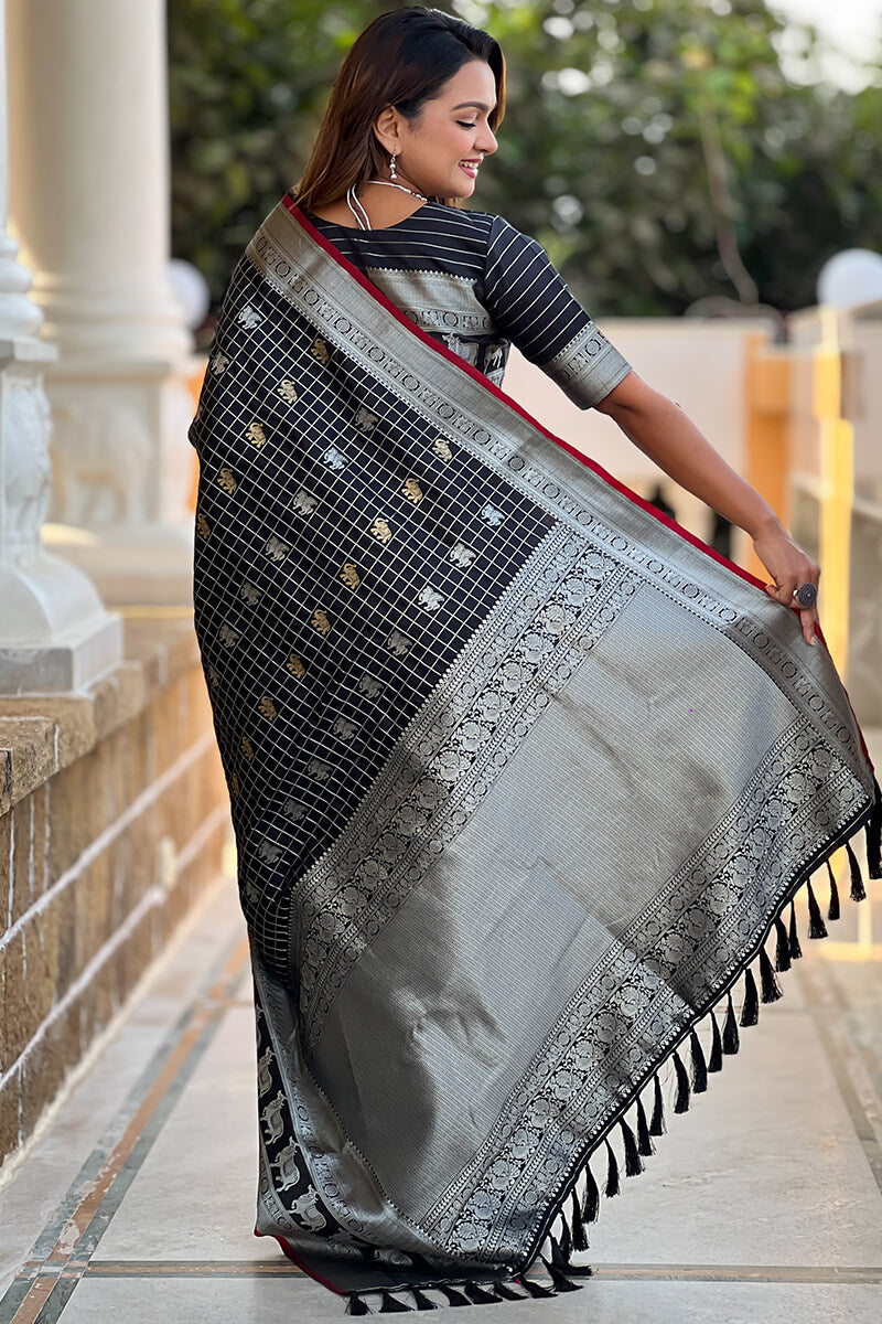 Unique Black Soft Banarasi Silk Saree With Amazing Blouse Piece