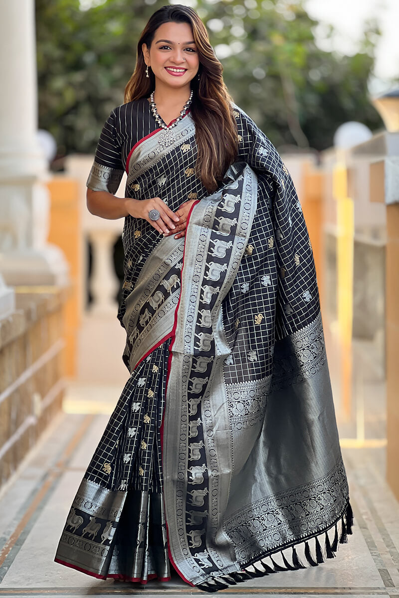 Unique Black Soft Banarasi Silk Saree With Amazing Blouse Piece