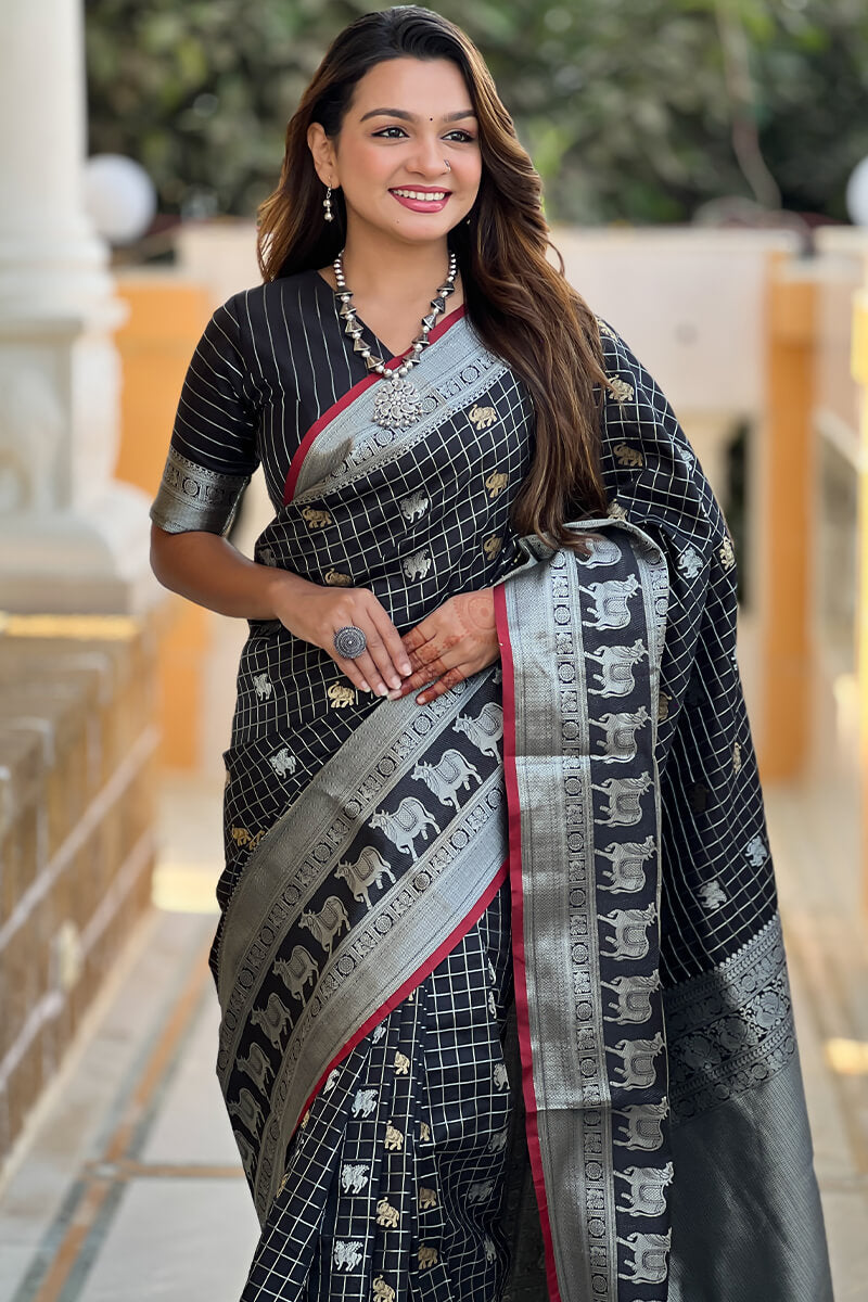 Unique Black Soft Banarasi Silk Saree With Amazing Blouse Piece