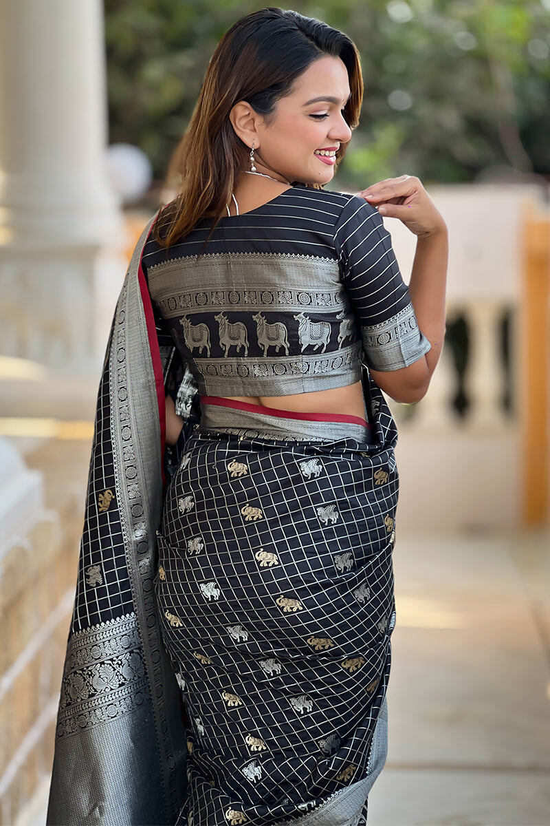 Unique Black Soft Banarasi Silk Saree With Amazing Blouse Piece