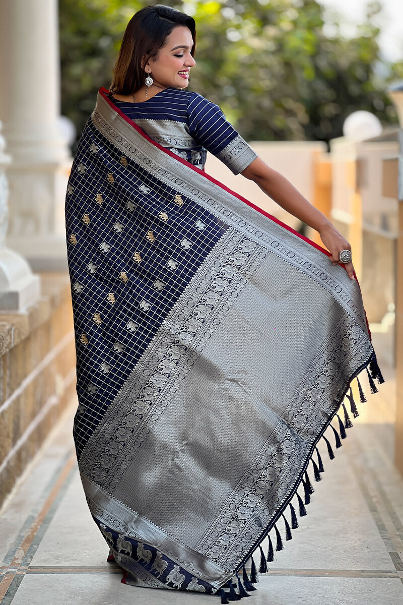 Pretty Navy Blue Soft Banarasi Silk Saree With Bucolic Blouse Piece