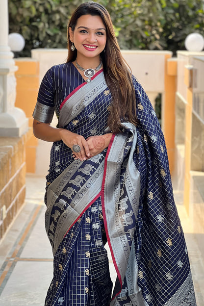 Pretty Navy Blue Soft Banarasi Silk Saree With Bucolic Blouse Piece