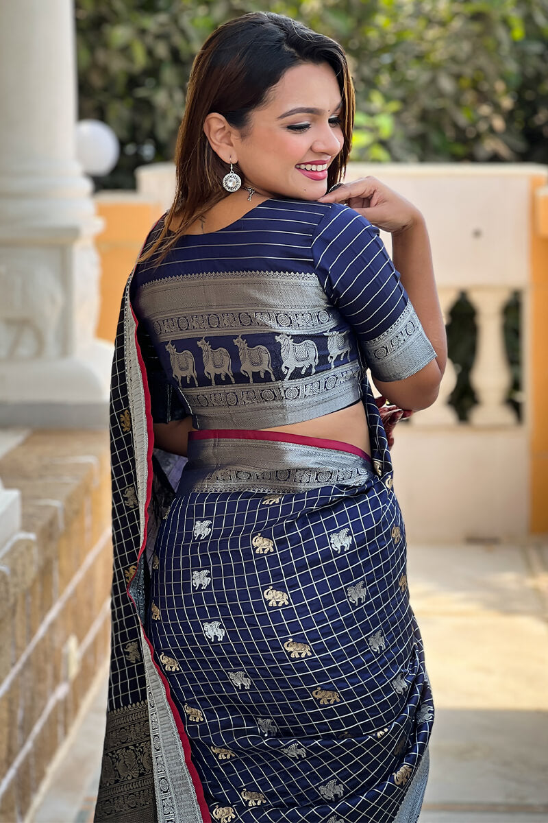 Pretty Navy Blue Soft Banarasi Silk Saree With Bucolic Blouse Piece