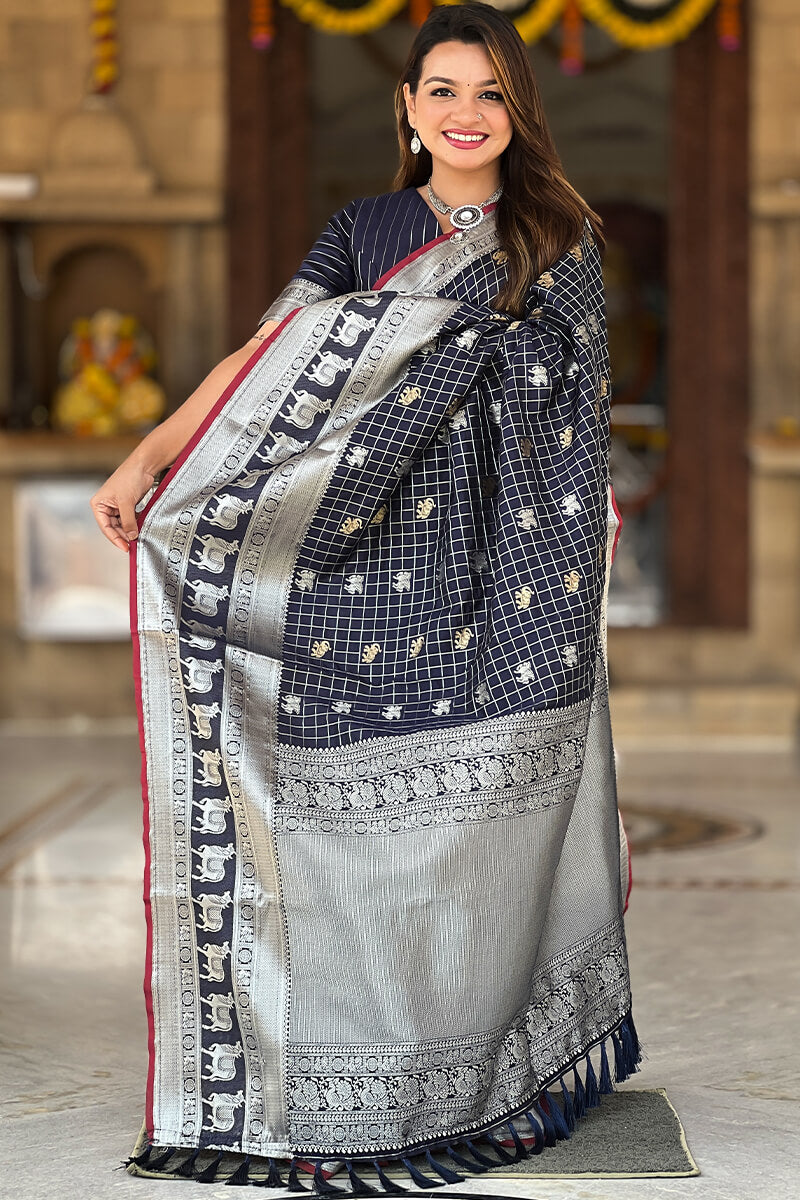 Pretty Navy Blue Soft Banarasi Silk Saree With Bucolic Blouse Piece