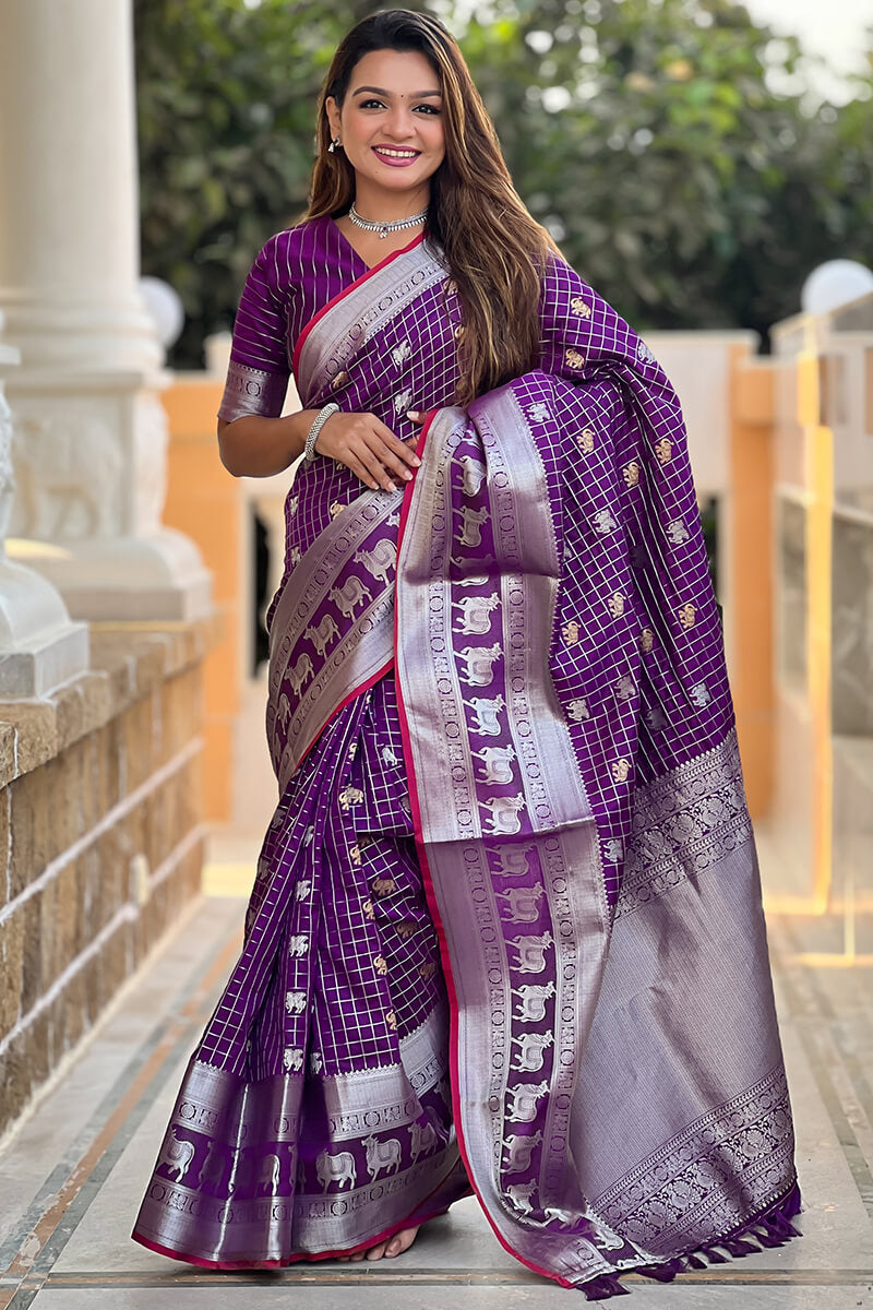 Ethnic Purple Soft Banarasi Silk Saree With Nemesis Blouse Piece