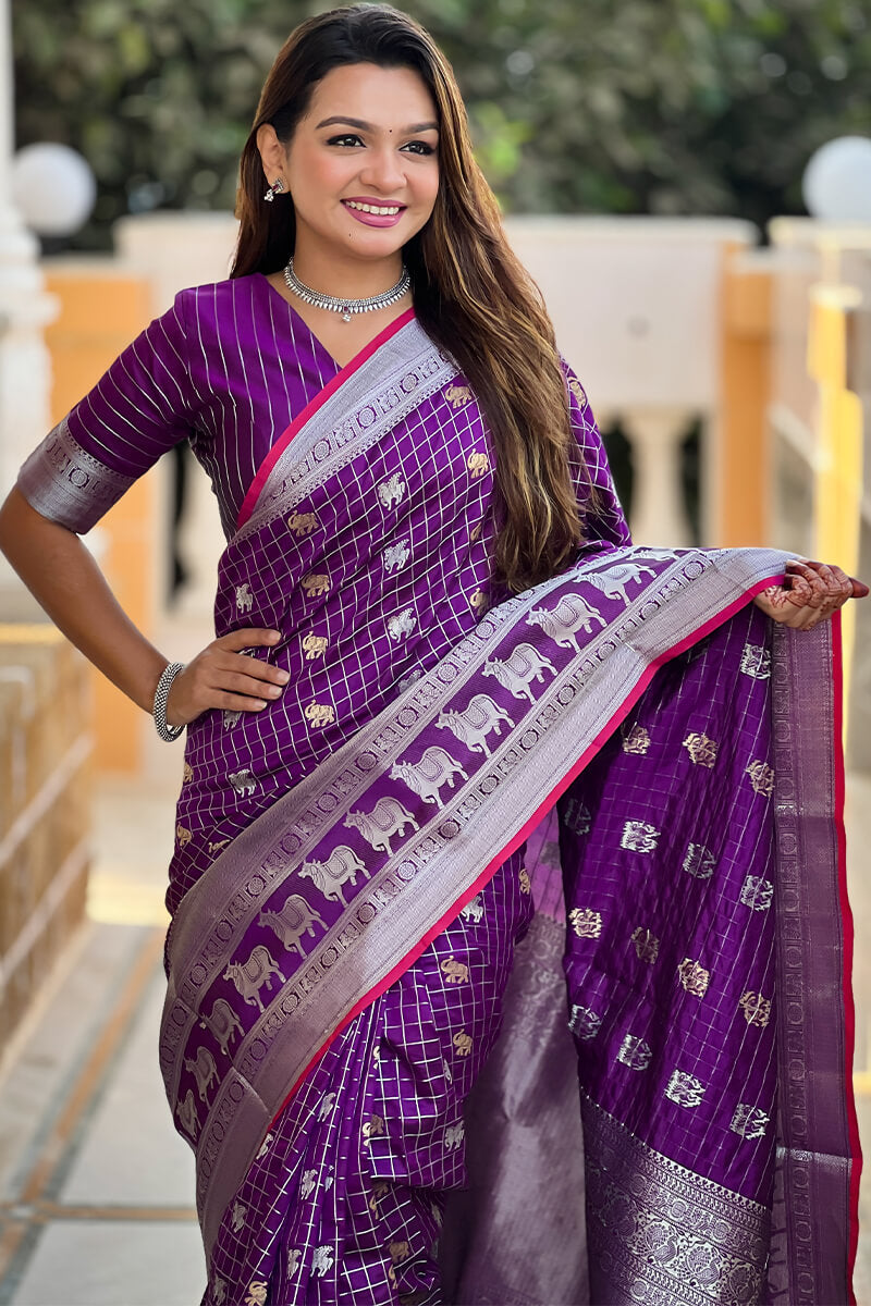 Ethnic Purple Soft Banarasi Silk Saree With Nemesis Blouse Piece
