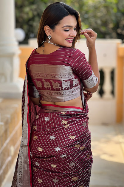 Demure Wine Soft Banarasi Silk Saree With Fancifull Blouse Piece