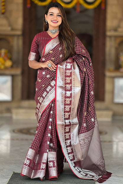 Demure Wine Soft Banarasi Silk Saree With Fancifull Blouse Piece
