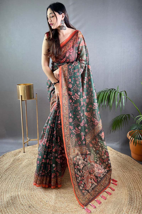 Load image into Gallery viewer, Lovely Dark Green Kalamkari Printed Saree With Gleaming Blouse Piece
