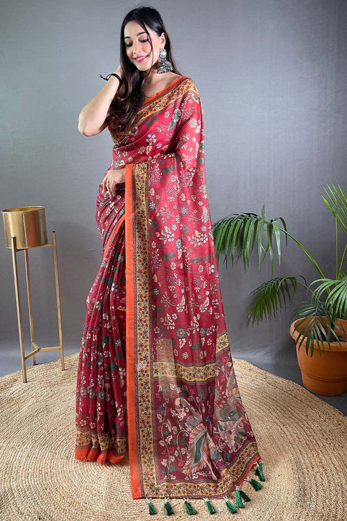 Load image into Gallery viewer, Refreshing Dark Pink Kalamkari Printed Saree With Flaunt Blouse Piece
